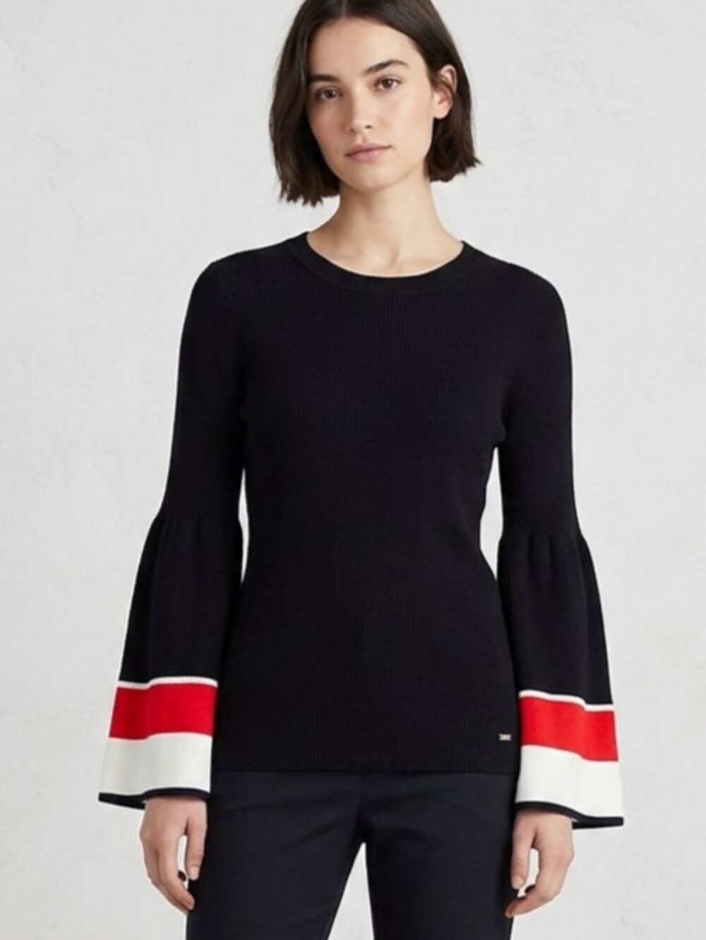 Tommy Hilfiger Black Sweater with Red and White Striped Bell Sleeves size L